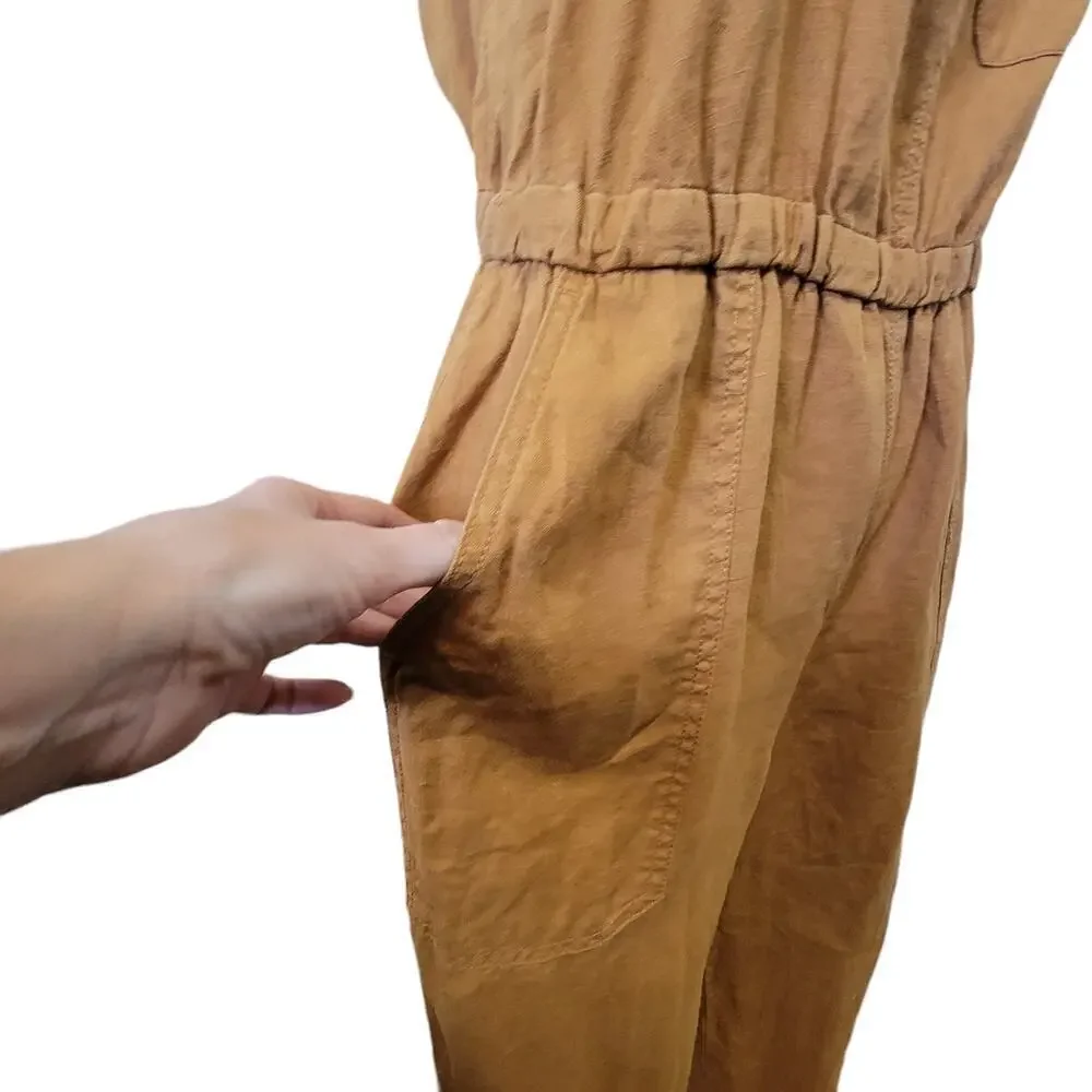 Everlane Linen Sleeveless Spaghetti Strap Open Back Mustard Orange Pant Jumpsuit